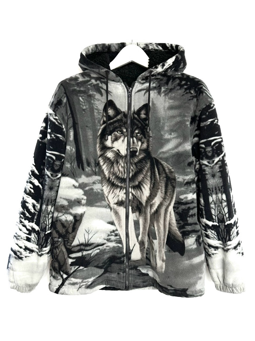 Chunky fleece Wolf Print Hooded Zip Jacket
